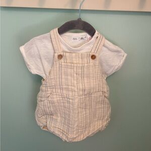 Zara Cream Striped Baby Overalls with White Tee